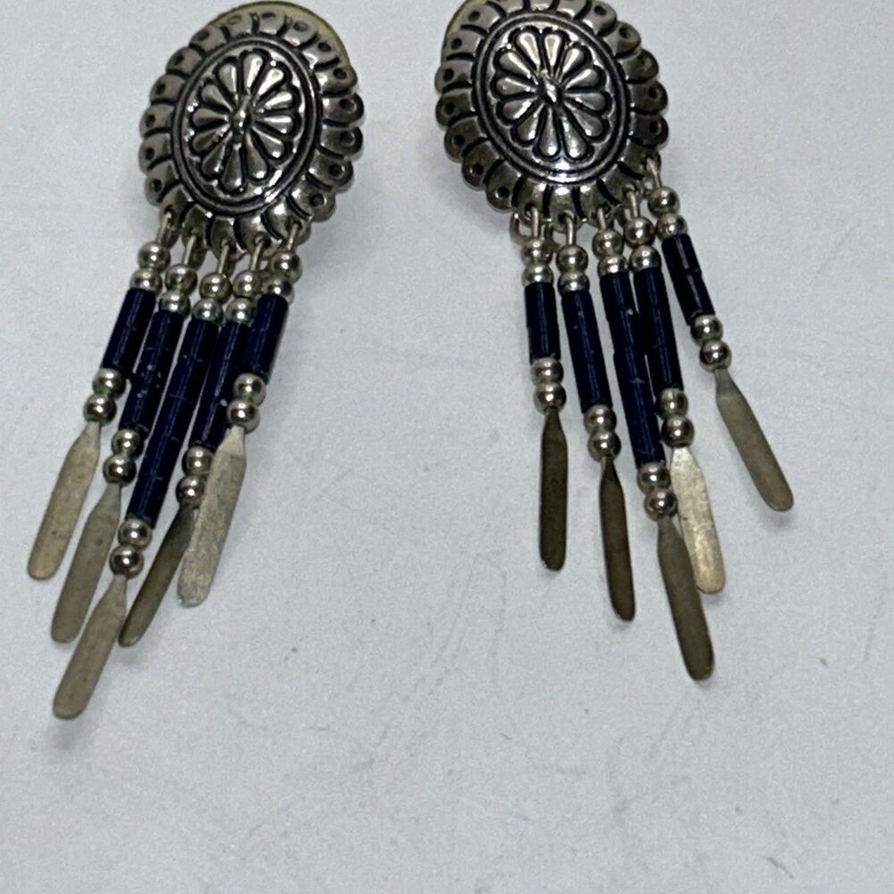 Vintage Sterling Silver NAVAJO QT 925 Concho Dangle Earrings 2"